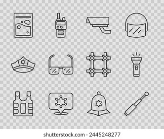 Chaleco antibalas, porra telescópica, cámara de seguridad, sheriff de Hexagram, droga de bolsa de plástico, gafas de seguridad, casco de la policía británica e icono de linterna. Vector