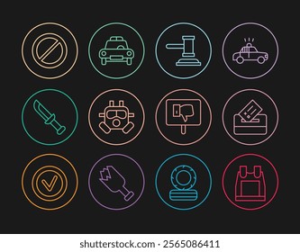 Set line Bulletproof vest, Vote box, Judge gavel, Gas mask, Military knife, Ban, Protest and Police car and flasher icon. Vector