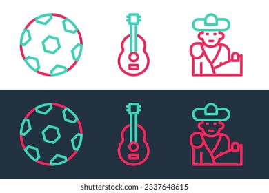 Set line Bullfight, matador, Football ball and Spanish guitar icon. Vector