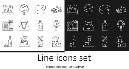 Set line Bullfight, matador, Omelette in frying pan, Cheese, Dali museum, Gate of Europe, Orujo and Orange tree icon. Vector