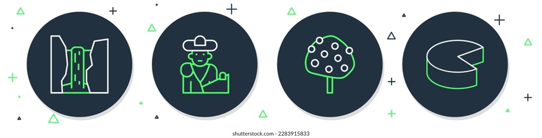 Set line Bullfight, matador, Orange tree, Algar waterfall and Cheese icon. Vector