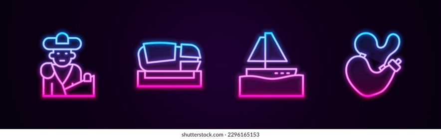 Set line Bullfight, matador, Stadium Mestalla, Yacht sailboat and Spanish wineskin. Glowing neon icon. Vector