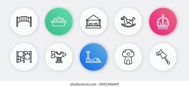 Set line Bumper car, Attraction carousel, Playground climbing equipment, Mushroom house, Horse saddle swing, Sandbox with sand, Toy horse and Swing plane icon. Vector