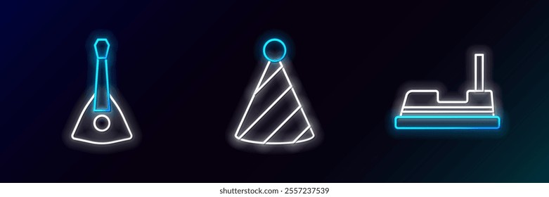 Set line Bumper car, Balalaika and Party hat icon. Glowing neon. Vector