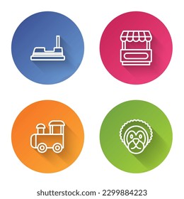 Set line Bumper car, Fast street food cart, Toy train and Wild lion. Color circle button. Vector