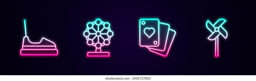 Set line Bumper car, Ferris wheel, Playing cards and Pinwheel toy. Glowing neon icon. Vector