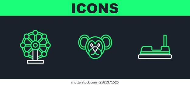 Set line Bumper car, Ferris wheel and Monkey icon. Vector