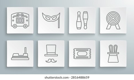 Set line Bumper car, Festive mask, Magician, Circus ticket, hat and rabbit ears, Bowling pin, Target and wagon icon. Vector