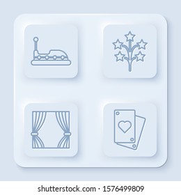 Set line Bumper car, Fireworks, Curtain and Playing card. White square button. Vector