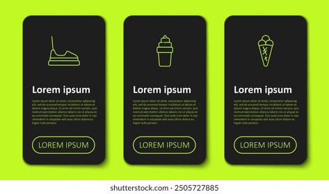 Set line Bumper car, Ice cream in waffle and . Business infographic template. Vector