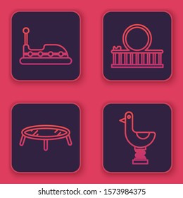 Set line Bumper car, Jumping trampoline, Roller coaster and Riding kid duck. Blue square button. Vector