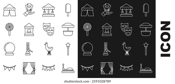 Set line Bumper car, Magic wand, Attraction carousel, Ticket box office, Lollipop, Circus tent and Comedy theatrical masks icon. Vector