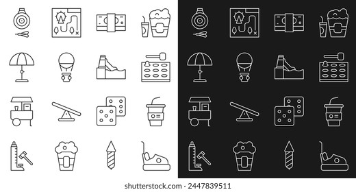 Set line Bumper car, Paper glass with water, Arcade game machine, Stacks paper money cash, Hot air balloon, Sun protective umbrella, Classic dart board and arrow and Water slide icon. Vector