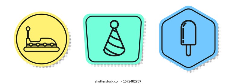 Set line Bumper car, Party hat and Ice cream. Colored shapes. Vector