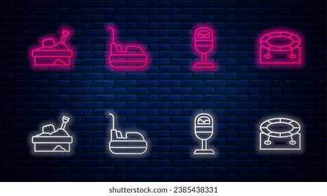 Set line Bumper car, Trash can, Sandbox with sand and Jumping trampoline. Glowing neon icon on brick wall. Vector