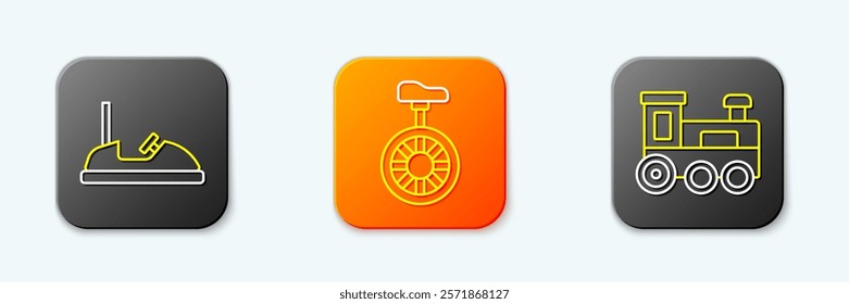 Set line Bumper car, Unicycle or one wheel bicycle and Toy train icon. Vector