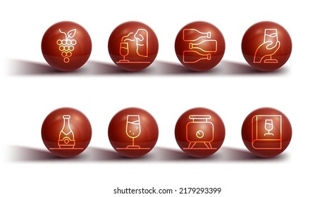 Set line Bunch of grapes, Champagne bottle, Wine tasting, degustation, Fermentation, glass, Sommelier, Book about wine and Bottles icon. Vector