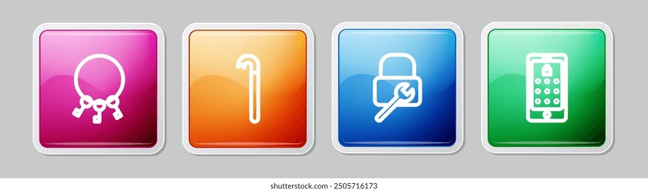Set line Bunch of keys, Crowbar, Lock repair and Mobile and graphic password. Colorful square button. Vector