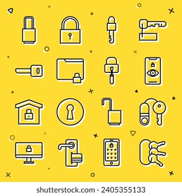 Establece el conjunto de líneas de las teclas, House with, Eye scan, Locked, Folder and lock, Key y picks para el icono de selección. Vector