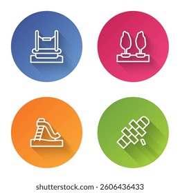 Set line Bungee, Forest, Kid slide and Hopscotch. Color circle button. Vector