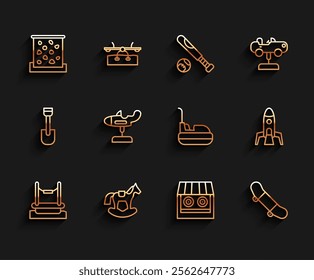 Set line Bungee, Horse in saddle swing, Climbing wall, Shooting gallery, Skateboard trick, Swing plane, Rocket ship and Bumper car icon. Vector