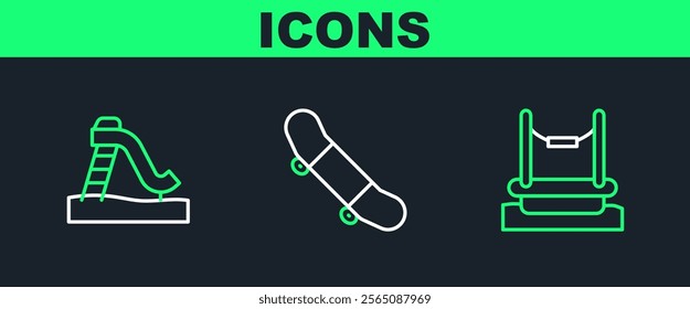 Set line Bungee, Kid slide and Skateboard trick icon. Vector