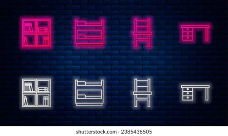 Ponga la línea de la cama Bunk, la silla, el estante con libros y el escritorio de la oficina. Icono de neón brillante en la pared de ladrillo. Vector