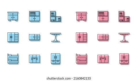 Set line Bunk bed, Wardrobe, Furniture nightstand, Chest of drawers, Round table,  and Library bookshelf icon. Vector