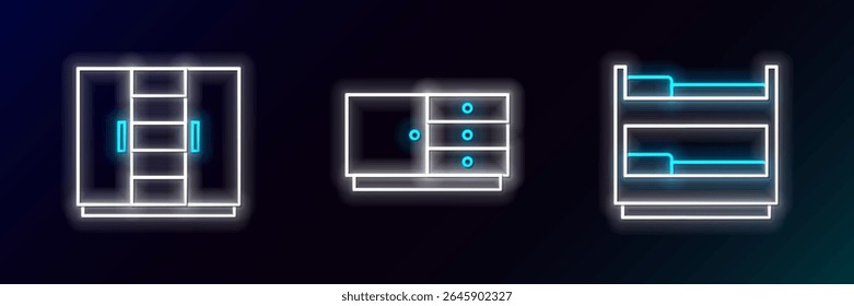 Set line Bunk bed, Wardrobe and Chest of drawers icon. Glowing neon. Vector