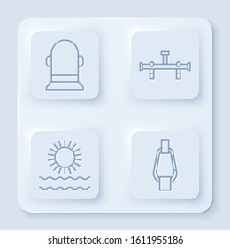 Set line Buoy, Manifold, Sun and waves and Carabiner. White square button. Vector