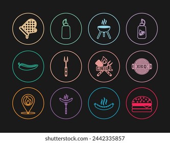 Set line Burger, Barbecue grill, fork, Hot chili pepper pod, Oven glove, Crossed and spatula and Mustard bottle icon. Vector