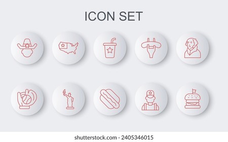 Set line Burger, Baseball glove with ball, Paper glass straw, Sheriff cowboy, USA map, Statue of Liberty and Hotdog sandwich icon. Vector