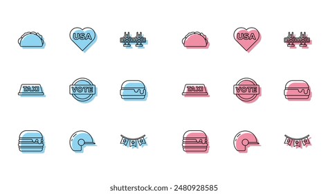 Set line Burger, Baseball helmet, Taco with tortilla, Carnival garland flags, Vote, Taxi car roof and USA Independence day icon. Vector