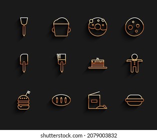 Set line Burger, Bread loaf, Spatula, Flour pack, Macaron cookie, Kitchen brush, Holiday gingerbread man and Stack of pancakes icon. Vector