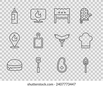 Set line Burger, Burning match with fire, BBQ brazier, Barbecue spatula, Sauce bottle, Cutting board, Steak meat and Chef hat icon. Vector