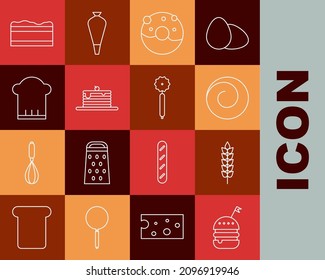 Set line Burger, Cereals with rice, wheat, corn, oats, rye, Roll bun cinnamon, Donut sweet glaze, Stack of pancakes, Chef hat, Brownie chocolate and Pizza knife icon. Vector