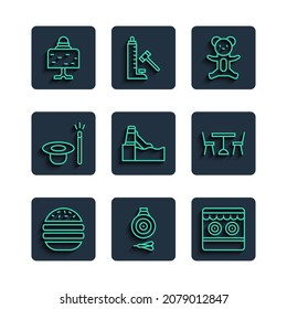 Set line Burger, Classic dart board and arrow, Shooting gallery, Teddy bear plush toy, Water slide, Magic hat wand, ball on table and Picnic with chairs icon. Vector