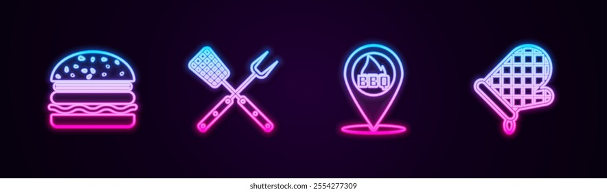 Set line Burger, Crossed fork and spatula, Location with barbecue and Oven glove. Glowing neon icon. Vector