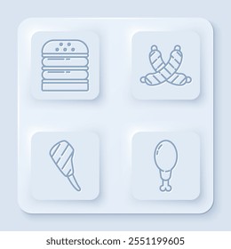 Set line Burger, Crossed sausage, Rib eye steak and Chicken leg. White square button. Vector