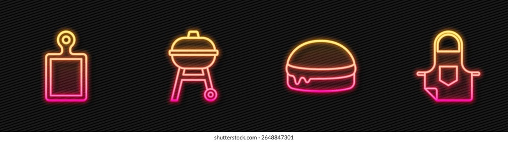 Set line Burger, Cutting board, Barbecue grill and Kitchen apron. Glowing neon icon. Vector