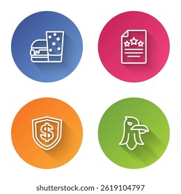 Set line Burger, Declaration of independence, Shield with dollar and Eagle. Color circle button. Vector