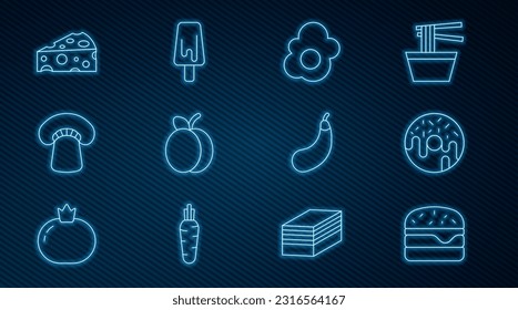 Set line Burger, Donut, Scrambled egg, Plum fruit, Mushroom, Cheese, Eggplant and Ice cream icon. Vector