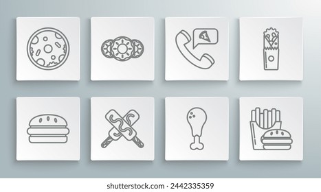 Set line Burger, Donut with sweet glaze, Ice cream, Chicken leg, and french fries in carton package box, Food ordering pizza, Doner kebab and Pizza icon. Vector