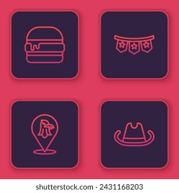 Set line Burger, Eagle, Carnival garland with flags and Western cowboy hat. Blue square button. Vector