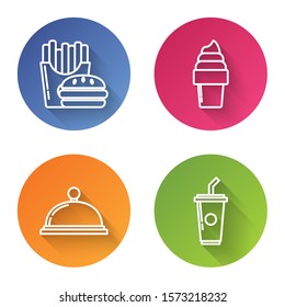Set line Burger and french fries in carton package box, Ice cream in waffle cone, Covered with a tray of food and Paper glass with drinking straw and water. Color circle button. Vector