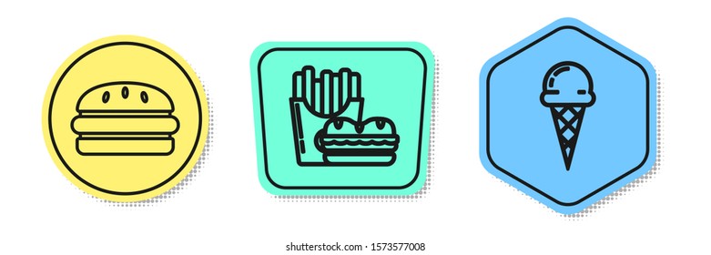Set line Burger, Burger and french fries in carton package box and Ice cream in waffle cone. Colored shapes. Vector
