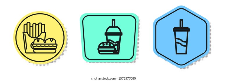 Set line Burger and french fries in carton package box, Paper glass with drinking straw and burger and Paper glass with drinking straw and water. Colored shapes. Vector