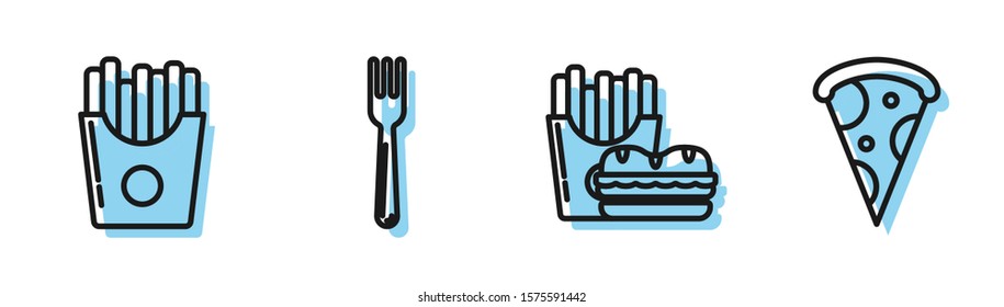 Set line Burger and french fries in carton package box, Potatoes french fries in carton package box, Fork and Slice of pizza icon. Vector