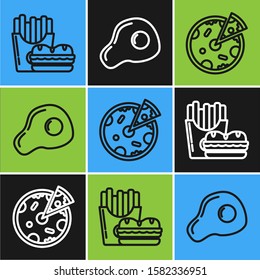 Set line Burger and french fries in carton package box, Pizza and Scrambled eggs icon. Vector