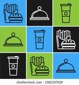Set line Burger and french fries in carton package box, Paper glass and water and Covered with a tray of food icon. Vector